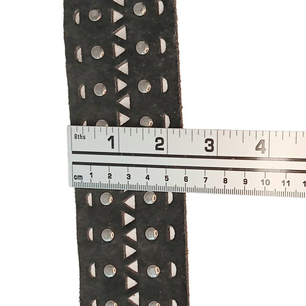 SOLD - Black Leather Belt Cutouts Silver Studs Large Silver Rings Tassles Italy - Picture 9 of 10